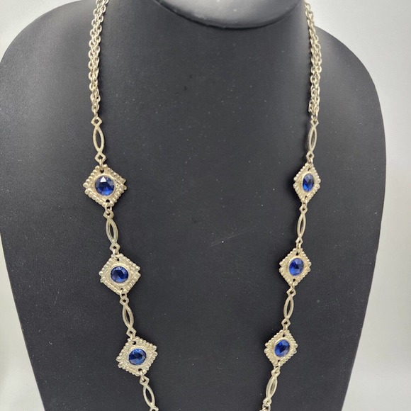 Vintage 1970s Blue Bezel Set Stations Tassel Necklace Hippie 32" Multi Chain - Picture 3 of 7